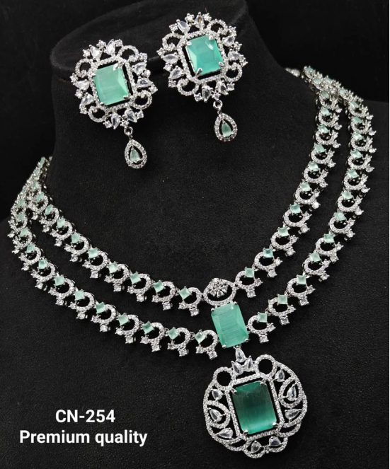 American Diamond Bridal Necklace Set with Green Stones and Earrings