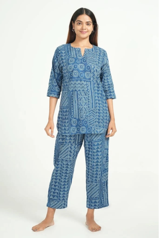 Women's Blue Jaipuri Print Cotton Kurta and Pant Loungewear Set