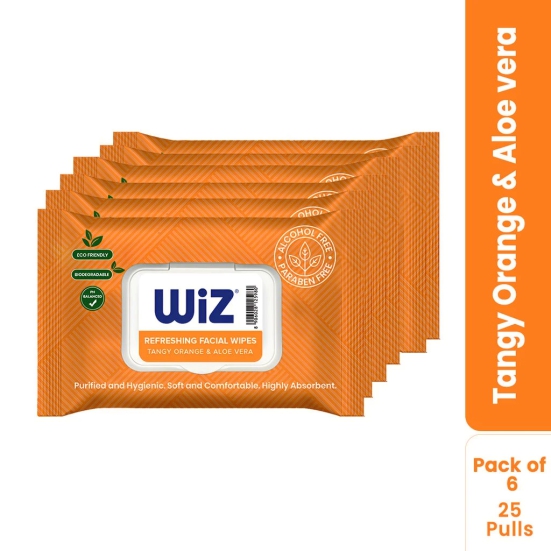 Wiz Tangy Orange & Aloevera Refreshing Facial Wipes - 25 Pulls (Pack of 6)