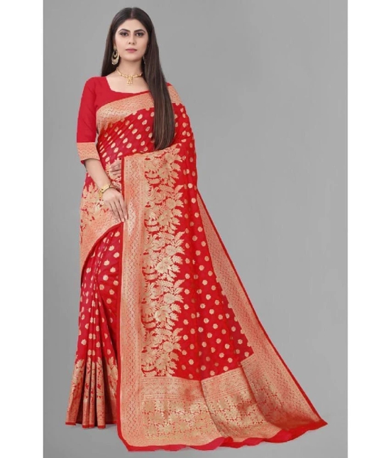 Gazal Fashions Banarasi Silk Embellished Saree With Blouse Piece - Red ( Pack of 1 ) - Red