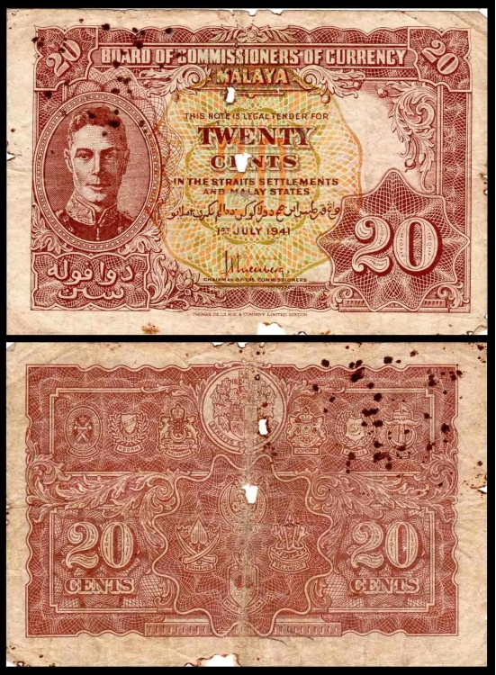 Malaya 20 Cents Very Used & Damaged Banknote