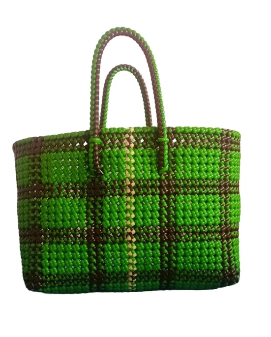 Green and Brown Handwoven Tote Bag with Magnetic Snap Closure