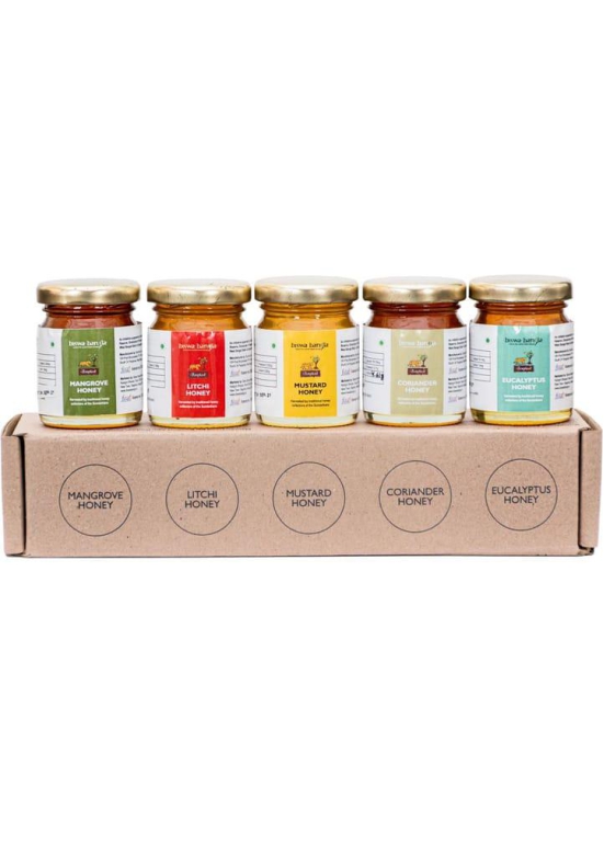 Sundarban Honey Quintet (Mangrove, Litchi, Mustard, Coriander, Eucalyptus) - Pure Natural Bonphool Honey from the Sundarbans - Set of 5 packs of 75g each