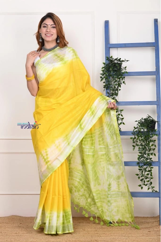 EXCLUSIVE! Handmade Tie and Dye Cotton Lime Yellow- Green Saree By Women Weavers