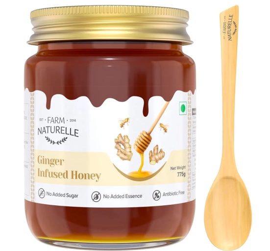 Farm Naturelle Healthy Ginger Infused Honey 700g + 75g Extra |100% Pure Honey| Raw & Unfiltered|Unprocessed|Lab Tested Honey In Glass Jar with Engraved Virgin Wooden Spoon