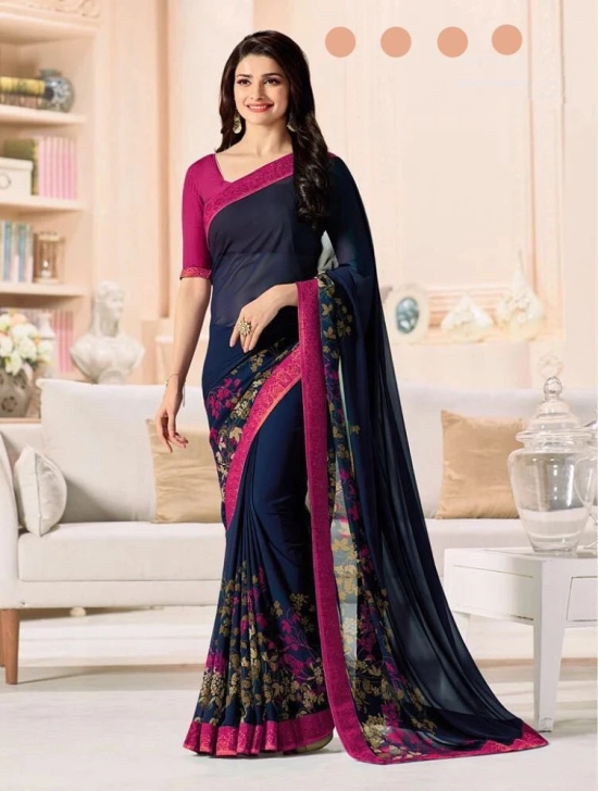 Gazal Fashions - Navy Blue Chiffon Saree With Blouse Piece (Pack of 1)