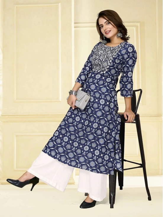 Rangita Women Rayon Blue Embroidered Calf Length A-line Kurti - None