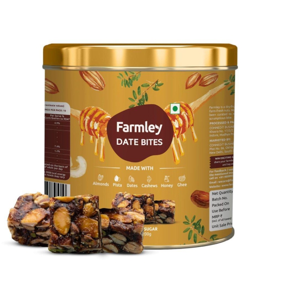 Farmley Premium Date Bites Dry Fruit Barfi Healthy and Delicious Indian Sweets Gift Pack 200 gram | Made with Dates, Pistachios, Cashewnuts, Almonds, Honey and Pure Ghee