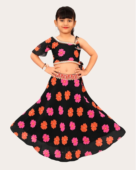 Kids Lehenga Choli in Georgette with Intricate Embroidery and Vibrant Flower Patterns-Black / 6 Years-7 Years