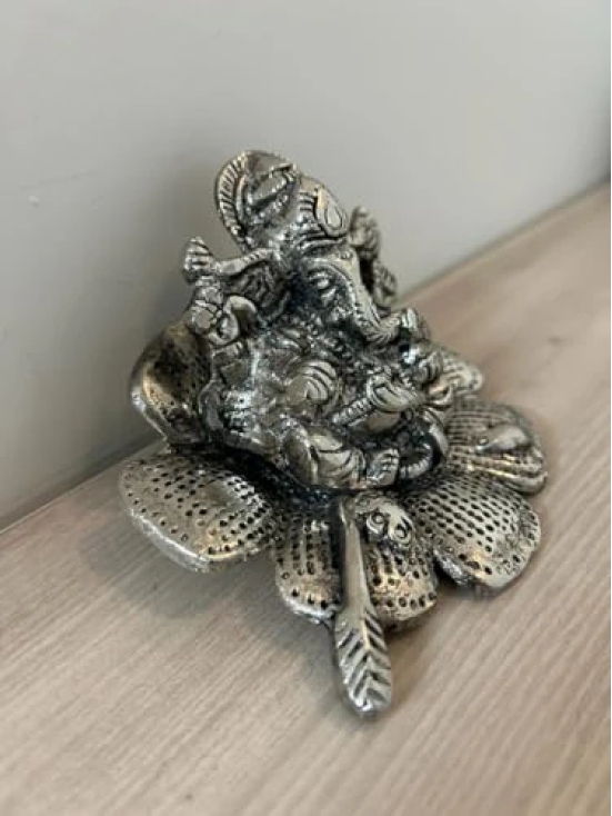 Aarna Creations Metal Ganesha | Silver Gudhal Ganesh | Antique Silver Hand-Carved Ganesh Sitting on Hibiscus