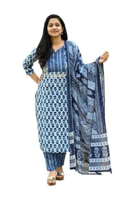 Monika Fashion Bagaru Print Straight Kurta and Dupatta Set with Gota Patti Embroidery in Yolk (Blue)