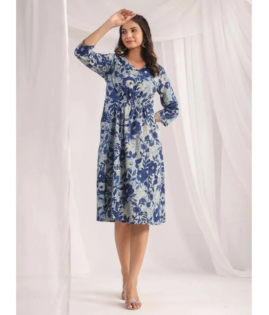 Janasya Cotton Printed Knee Length Womens A-line Dress - Indigo ( Pack of 1 ) - None