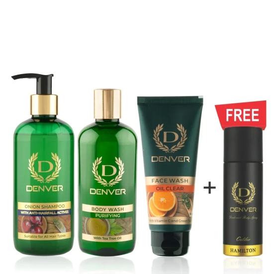 Onion Shampoo 300ml, Purifying Body Wash 325ml, Face Wash Oil Clear 50gm + FREE NANO CALIBER DEO with Loofah (Pack of 4)