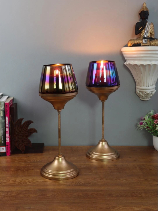 Black Glass Candle Holder and Planter with Stand set of 2-Gold