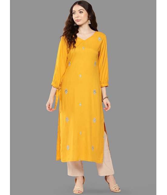 Janasya Rayon Embroidered Straight Womens Kurti - Mustard ( Pack of 1 ) - None