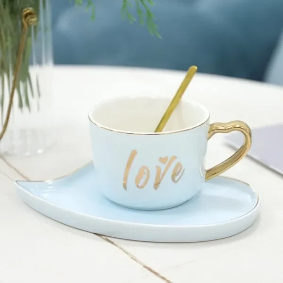 Heart Shaped Love Mug With Saucer-Sky Blue