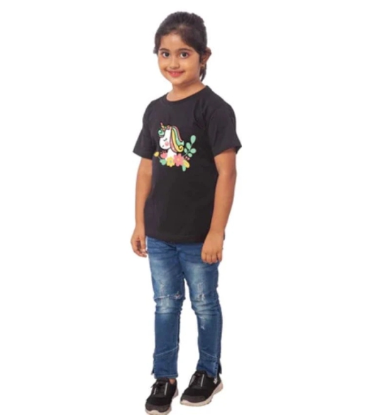 Girls Cotton Unicorn Face Half Sleeve TShirt (Black) PID41487