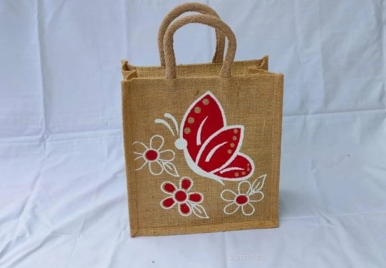 Hand-painted butterfly jute tote bag