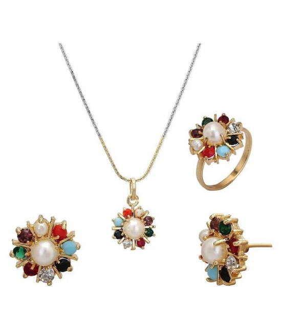 Bhagya Lakshmi Womens Pride AD Stone Embebbed Pendent With Earrings And Ring For Women - Multi Color