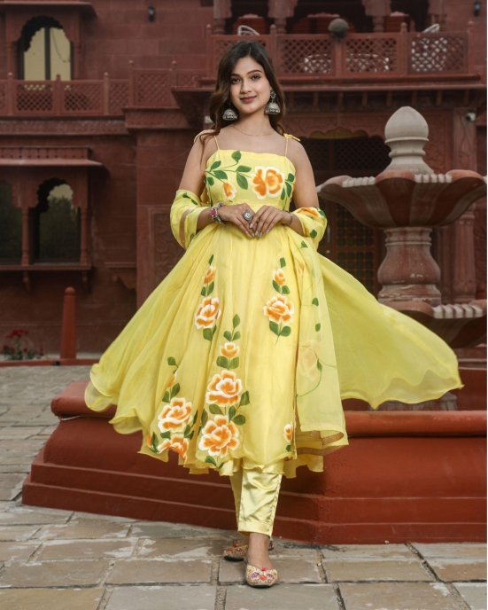 8855-Organza Stitched Suit Yellow Color Hand painted-40 (XL)