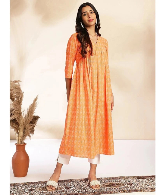 Janasya Cotton Printed A-line Womens Kurti - Orange ( Pack of 1 ) - None