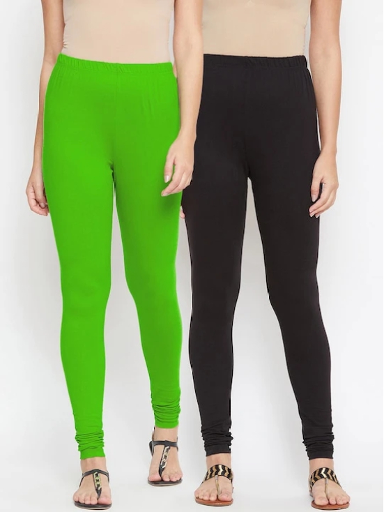 Women Black & Green Pack of 2 Solid Churidar-Length Leggings