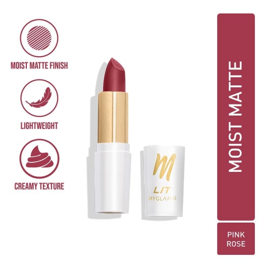 MyGlamm LIT Moist Matte Lipstick - Pink Rose (Rouge Pink Shade)| Long Lasting, Pigmented, Hydrating Lipstick with Moringa Oil and Vitamin E