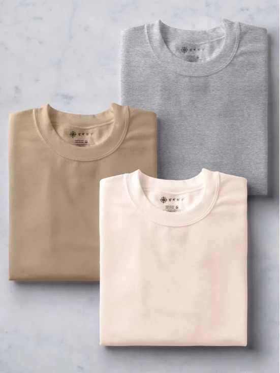 Beige, Muted Peach & Light Grey Half Sleeve Round Neck Cotton Plain Regular Fit Pack of 3 combo T-Shirt for men by Ghumakkad