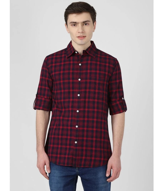 UrbanMark Men 100% Cotton Full Sleeves Regular Fit Check Casual Shirt-Red & Navy - None