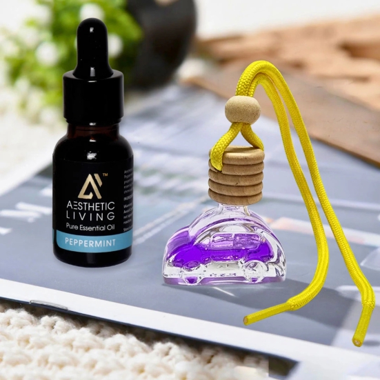 Aesthetic Living Car Aromatizer Diffuser Bottle with Essential Oil (Car Shape Bottle -10 ml + Peppermint Essential Oil, 15 ml)