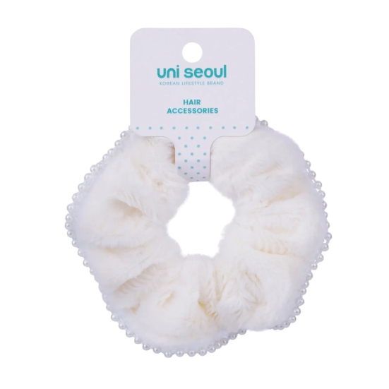 Korean Single Fur Scrunchie with Pearls-White