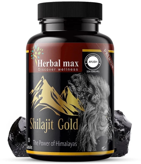 Herbal Max Himalayas Original Pure Shilajit Gold - Lab-Tested for Purity, Performance Booster for Endurance, Stamina, Strength, and Immunity for Men & Women - 30 Ayurvedic Capsules