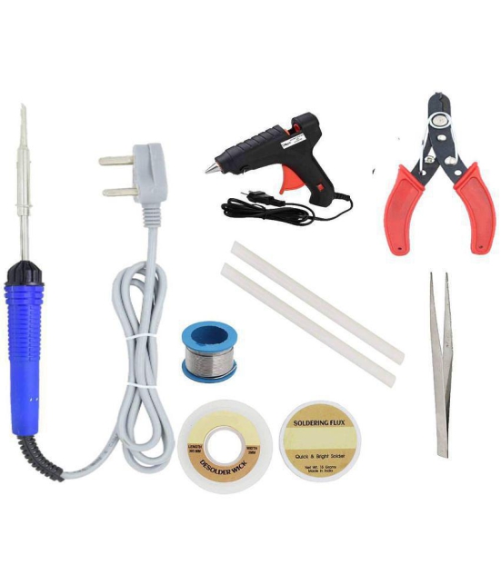 ALDECO: ( 9 in 1 ) SOLDERING IRON 25 Watt Professional Kit - Blue Iron, Wire, Flux, Wick, Cutter, Tweezer, Glue Gun, 2 Glue Stick