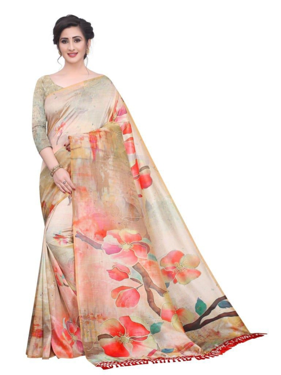 Silk Zone Women's Cotton Digital Printed Beige Saree With Unstitched Blouse Piece