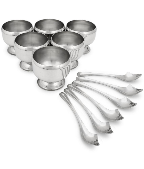 HOMETALES Stainless Steel Dessert Bowl With Spoon, 150ml each, (Pack of 12) - Silver