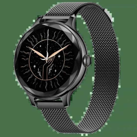 Noise Diva Smartwatch with Diamond Cut dial, Glossy Metallic Finish, AMOLED Display, Mesh Metal and Leather Strap Options, 100+ Watch Faces, Female Cycle Tracker Smart Watch for Women Black Link