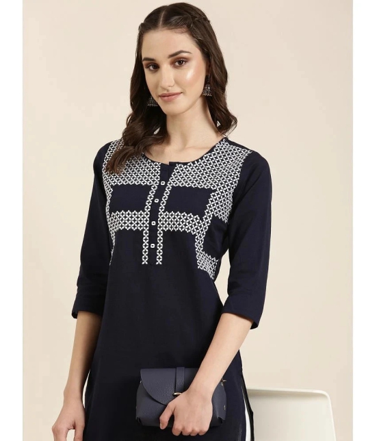 Showoff Cotton Blend Embellished Straight Womens Kurti - Navy Blue ( Pack of 1 ) - None