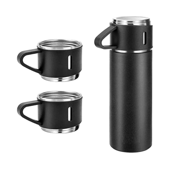 Stainless Steel Vacuum Flask Set with 3 Steel Cups | Black | Set of 3 Pcs