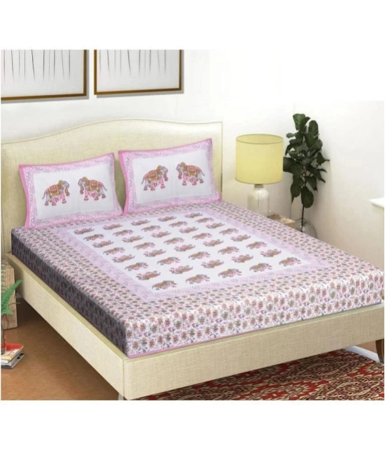 Frionkandy Cotton Floral Printed Double Bedsheet with 2 Pillow Covers - Pink - Pink