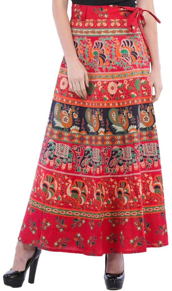 Rococco-Red Wrap-On Long Skirt from Pilkhuwa with Printed Paisleys and Elephants