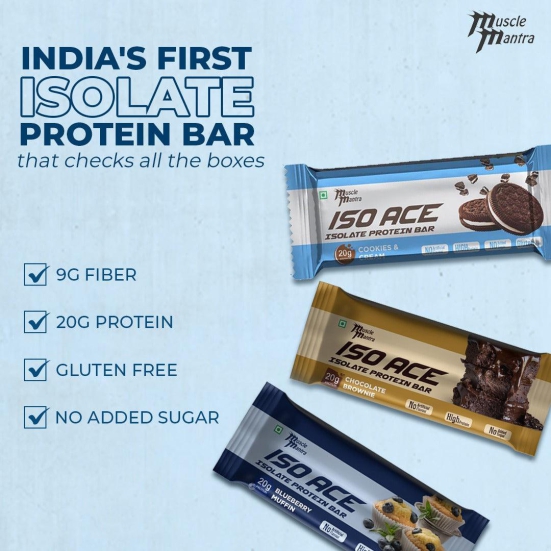 Muscle Mantra ISO ACE Isolate Protein Bar (3 Box of 6 bars each)-Cookies & Cream / Blueberry Muffin / Cookies & Cream
