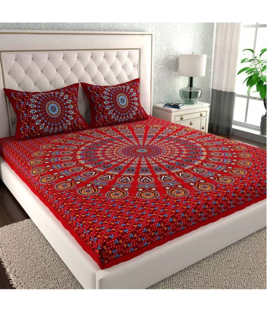 FrionKany Living Cotton Abstract Double Bedsheet with 2 Pillow Covers - Red - Red