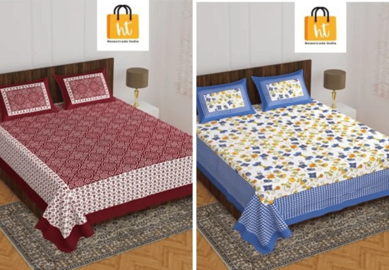 The Bedsheet Adda Standard Queen Size(90*100 Inches) Pure Cotton Jaipuri Printed Economic Double Bedsheet with Two Pillow Covers- ARTICLE-1034