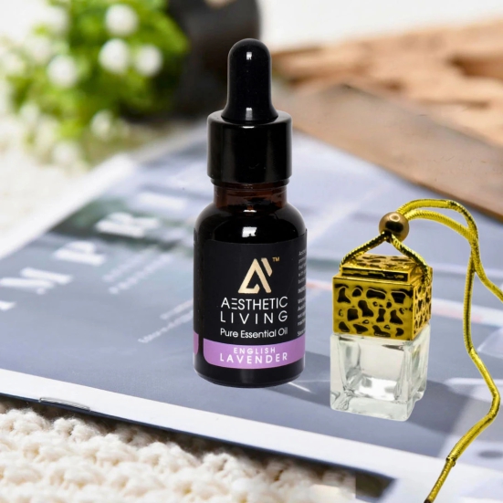 Aesthetic Living Car Aromatizer/ Diffuser Bottle with Essential Oil (Square Gold/Silver Shape-10 ml+ English Lavender Essential Oil, 15 ml)