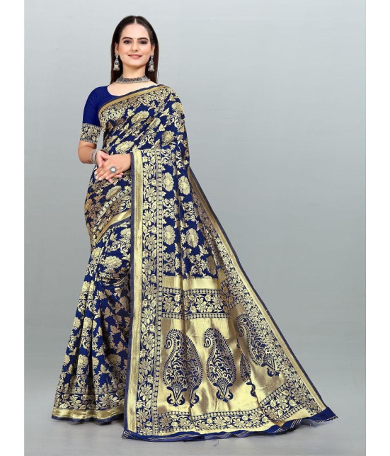 Om Shantam Sarees - Navy Blue Banarasi Silk Saree With Blouse Piece ( Pack of 1 ) - Navy Blue