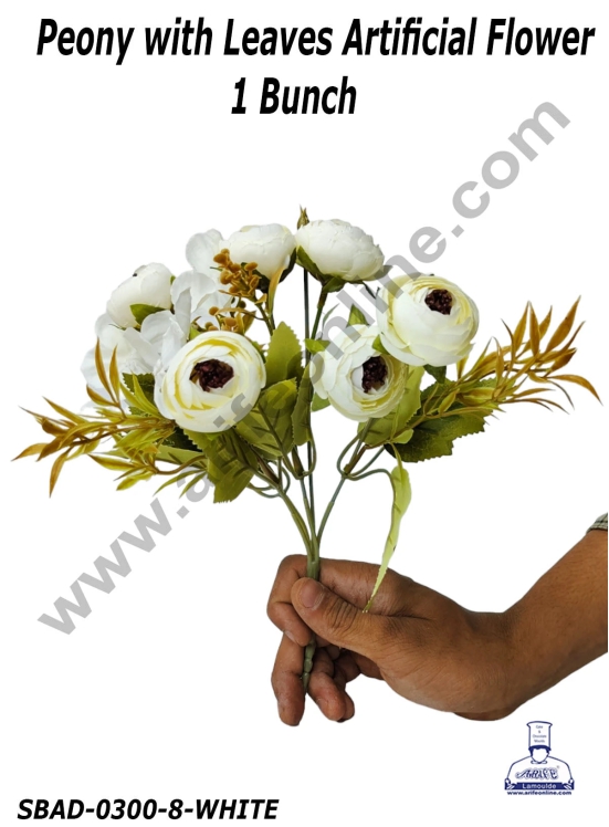 CAKE DECOR™ Peony With Leaves Artificial Flower For Cake Decoration – (1 Bunch)-WHITE