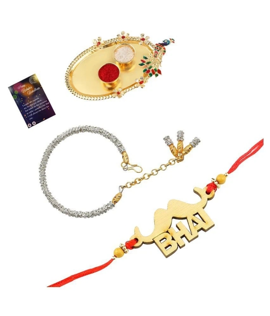 Paola  Elegant  Bhaiya Rakhi  BHAI Designe With  Silver Bracelet Kada  BhabhiRakhi Combo  With Roli Chawal And  Greeting Card  1 Kankawati Pooja Thali - None