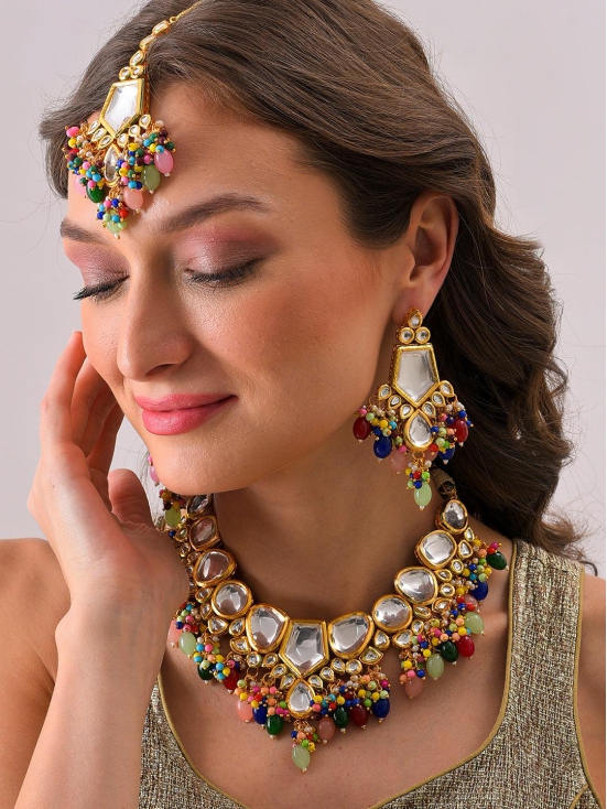 Gold Plated Kundan Beaded Necklace, Earrings and Maang Tikka Set