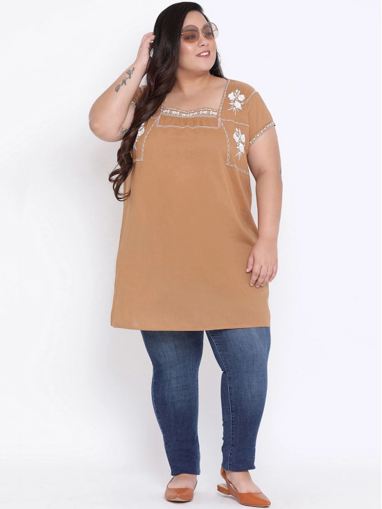 Oxolloxo Women Brown Solid Embroidered Tunic