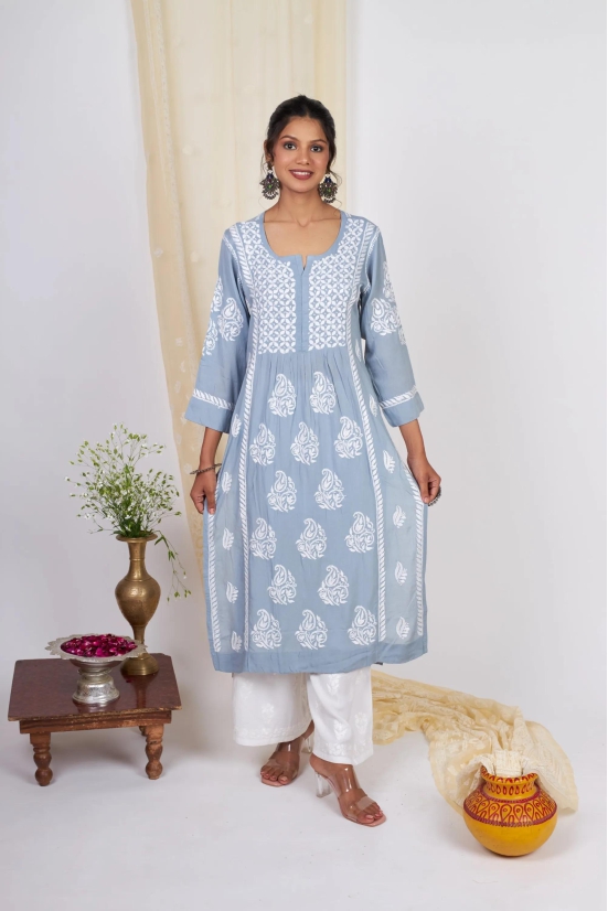 Modal Chikankari Nyra Kurti- Blue-Grey / XL